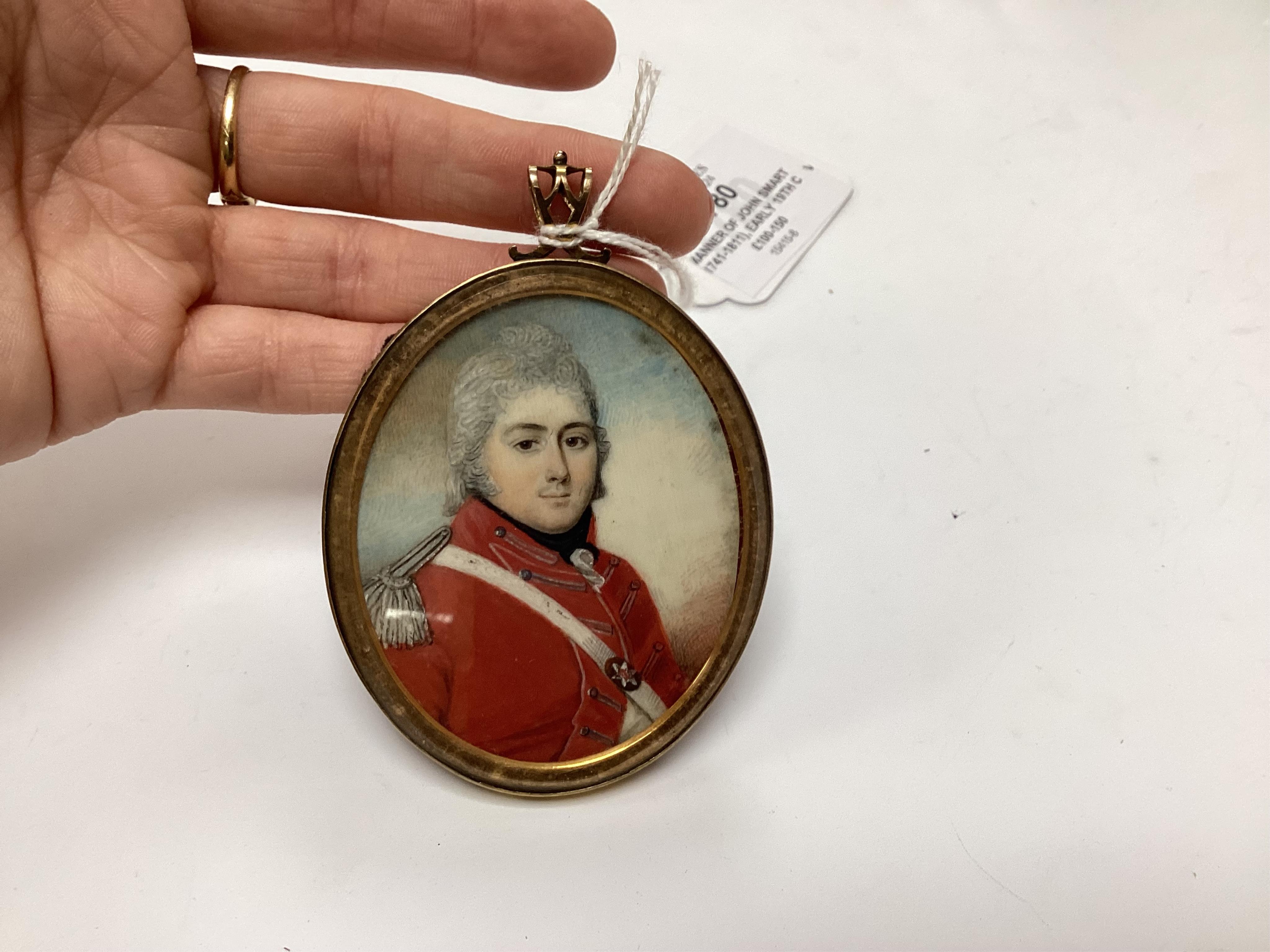 Manner of John Smart (1741-1811), early 19th century portrait miniature on ivory, Portrait of a gentleman wearing military uniform, unsigned, housed in a gilt locket mount, 6.5 x 5cm. Condition - fair CITES Submission re